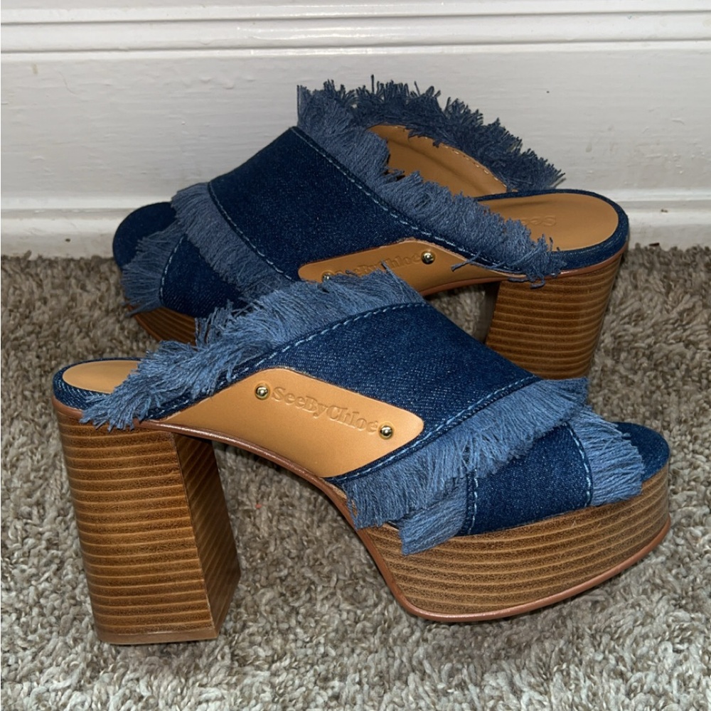 Anthropologie See by Chloe Denim Platform Mule Slide Sandal Frayed 38 NEW - Picture 6 of 8